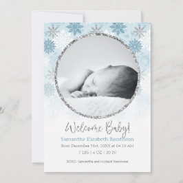 Faire-part Winter Blue & Silver Snowflake Baby Birth Annonce