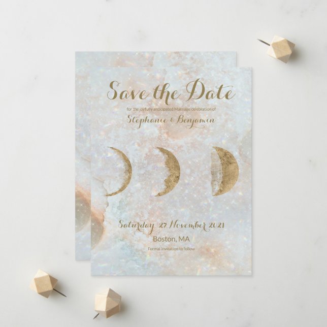 Faire-part Zodiac Moon Ice Blue Celestial Gold Enregistrer la (Devant/Arrière en situation)