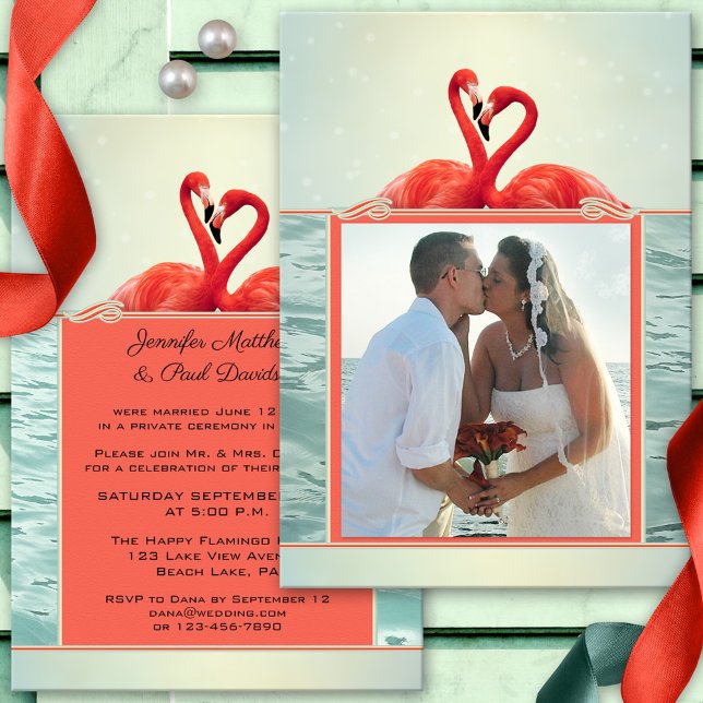 Faire suivre ou invitation photo de mariage (Wedding photo reception only or after wedding invitation featuring two flamingos on an ocean)