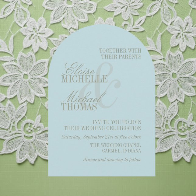Fairepart de mariage à l'arc formel Citrus bleu éc (Modern Script Citrus Blue Formal Arch Wedding Invitation)