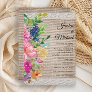 Fairepart de mariage Floral Rustique Toile de Jute