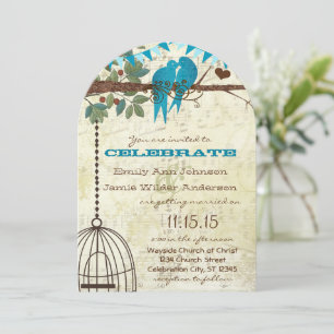 Fairepart de mariage Oiseaux d'amour Aqua perchés