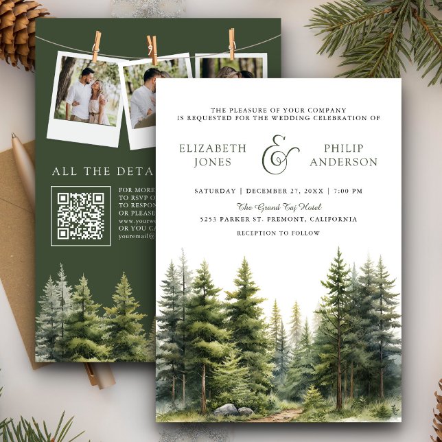 Fairepart de mariage QR Code Forêt de pins hiverna (Créateur téléchargé)
