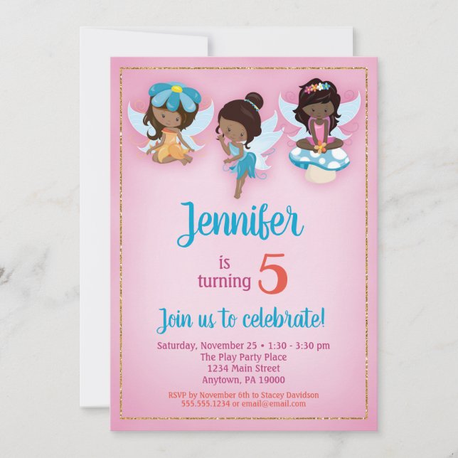 Fairies African American Birthday Einladung (Vorderseite)