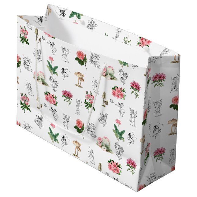 Fairies Pink Floral & Mushroom Faible Muster Große Geschenktüte (Vorderseite Schrägansicht)