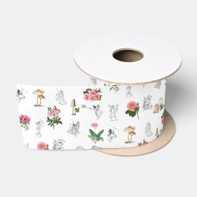 Fairies Pink Floral & Mushroom Faible Muster Satinband (Spule)