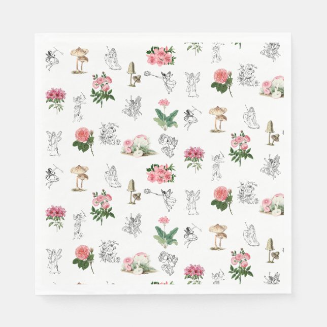 Fairies Pink Floral & Mushroom Faible Muster Serviette (Vorderseite)