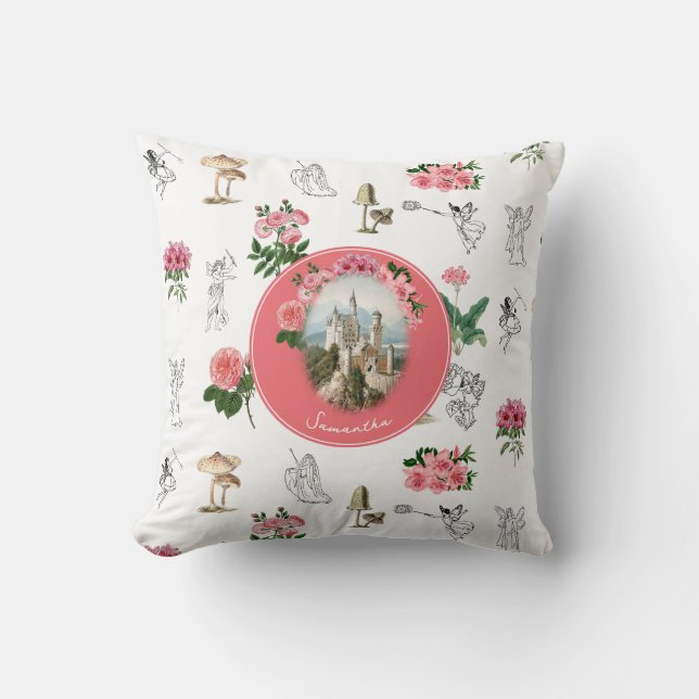 Fairies Pink Floral Mushroom Fairy Castle Monogram Kissen (Vorderseite)