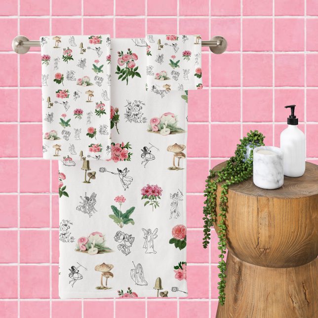 Fairies Pink Floral & Mushroom Fairy Pattern Badhandtuch Set (Fairies Pink Floral & Mushroom Fairy Pattern Bath Towel Set)