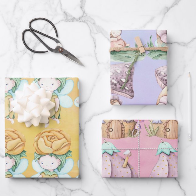 Fairies Pink Lila-Gelb-Umschlagpapier Geschenkpapier Set (Vorderseite)