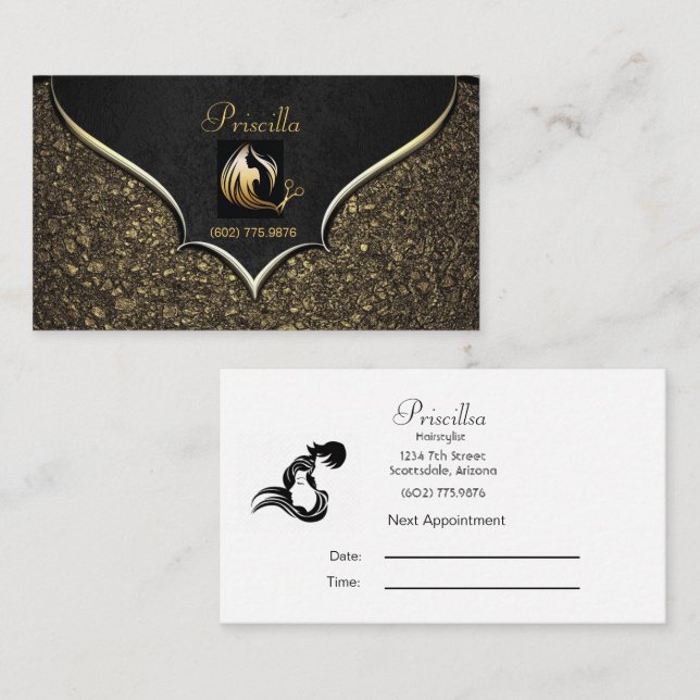 Fairstylist Elegantes Black & Gold Design Visitenkarte (Vorne/Hinten)