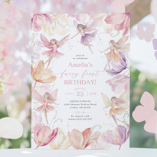 Fairy 1st Birthday Fairy Party Pink Peach Purple Einladung