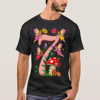 Fairy 7Th Birthday Girl Butterfly Mushroom 7 Year  T-Shirt