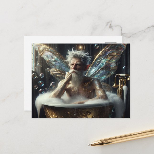 Fairy älter man Gray Hair im Bubblebad Postkarte (Vorderseite/Rückseite Beispiel)