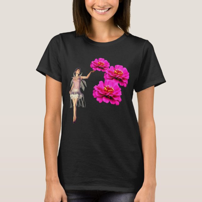 Fairy and Pink Zinnias Blume Dunkel T-Shirt (Vorderseite)