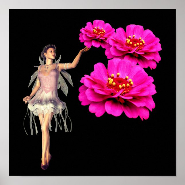 Fairy and Pink Zinnias Blume Fantasy Art Poster (Vorne)