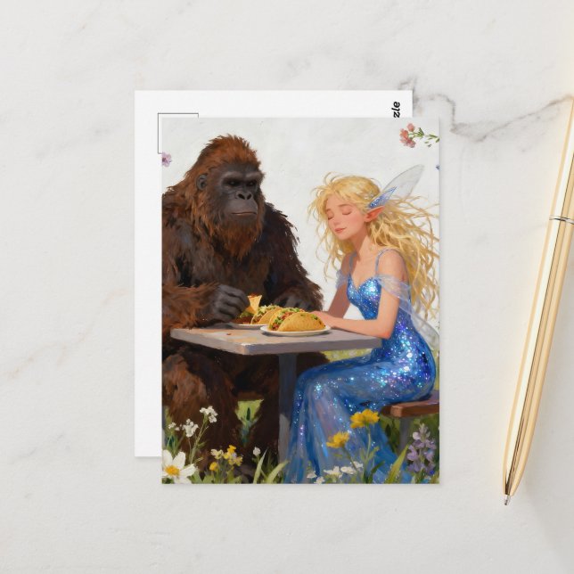 Fairy and Sasquatch Picnic Postkarte (Vorderseite/Rückseite Beispiel)