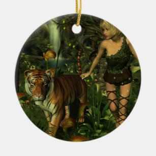 Fairy and Tiger im Dschungel Keramik Ornament