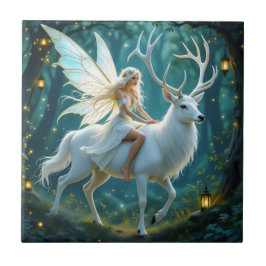 Fairy and White Deer Magical Forest Fliese