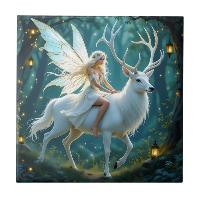 Fairy and White Deer Magical Forest Fliese (Vorderseite)