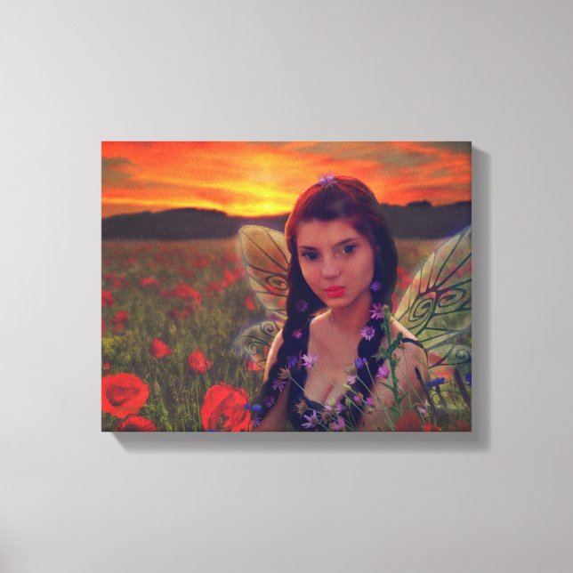 Fairy at Sunset in a field of poppies Fantasy Art Leinwanddruck (Vorderseite)