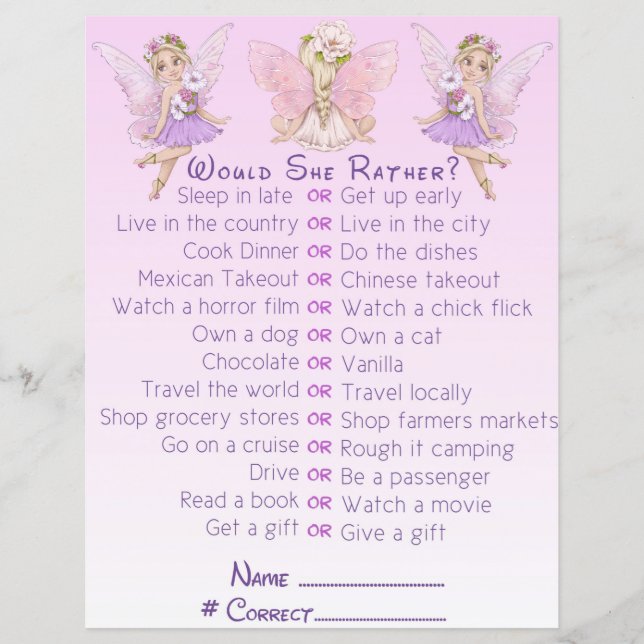 Fairy Baby Shower Pink Illustration Party Game (Vorderseite)