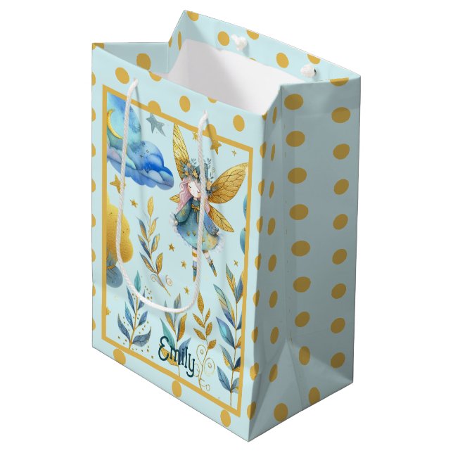 Fairy Birthday Aquamarin Gold Pink Princess Mairyt Mittlere Geschenktüte (Vorderseite Schrägansicht)