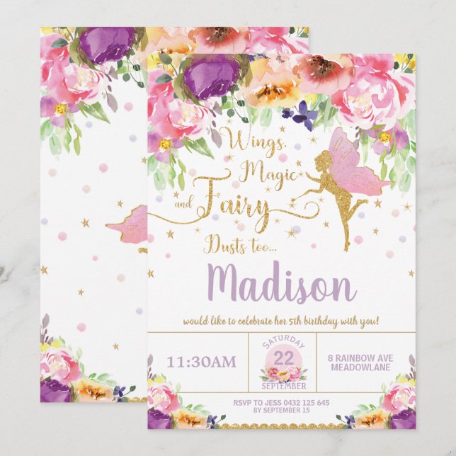 Fairy Birthday Einladungen Lila Floral Whimsical (Vorne/Hinten)