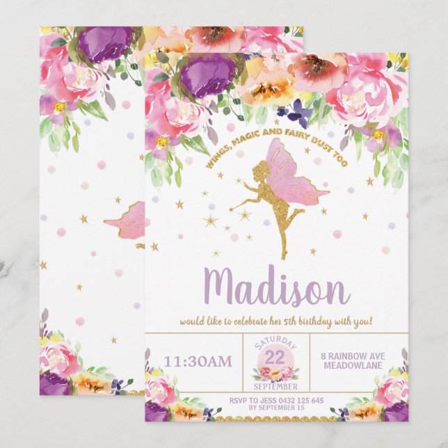 Fairy Birthday Einladungen Lila Floral Whimsical (Vorne/Hinten)