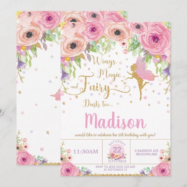 Fairy Birthday Einladungen Pink Floral Whimsical (Vorne/Hinten)