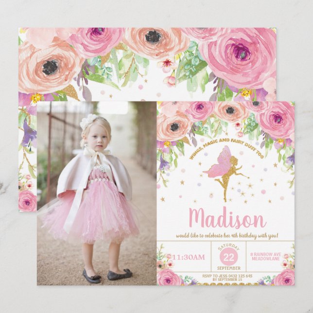Fairy Birthday Einladungen Whimsical Pink Floral (Vorne/Hinten)