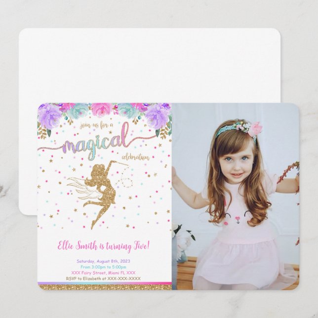 Fairy Birthday Foto Einladung (Vorne/Hinten)