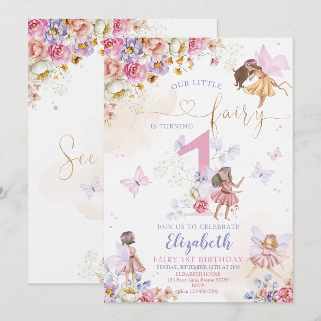 Fairy Birthday Invitation Fairy Garden Anniversair (Devant / Derrière)