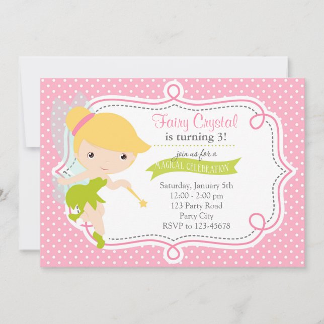 Fairy Birthday Invitation for Girls (Pink Green) Einladung (Vorderseite)