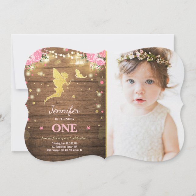 Fairy Birthday Invite Pink Gold Magical Whimsical Einladung (Vorderseite)