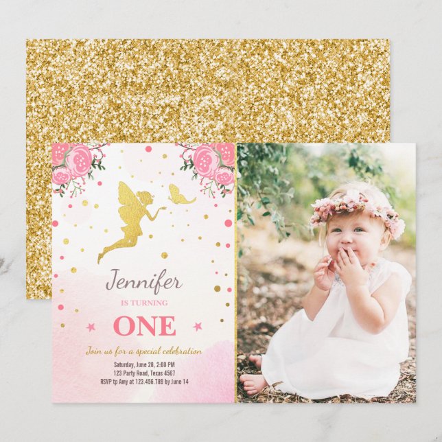 Fairy Birthday Invite Pink Gold Magical Whimsical Einladung (Vorne/Hinten)