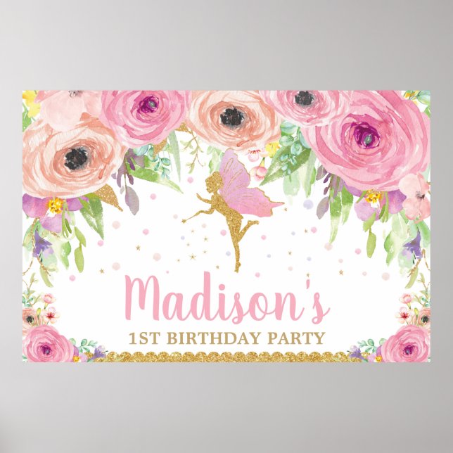 Fairy Birthday Party Backbanner Pink Floral Poster (Vorne)