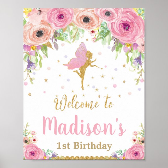 Fairy Birthday Party Willkommen Signing Pink Flora Poster (Vorne)