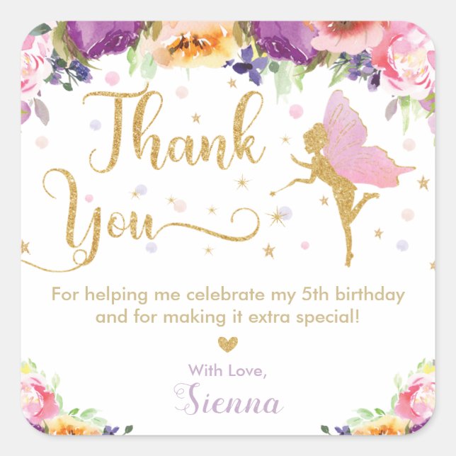 Fairy Birthday Pink Lila Floral Vielen Dank Quadratischer Aufkleber (Vorderseite)