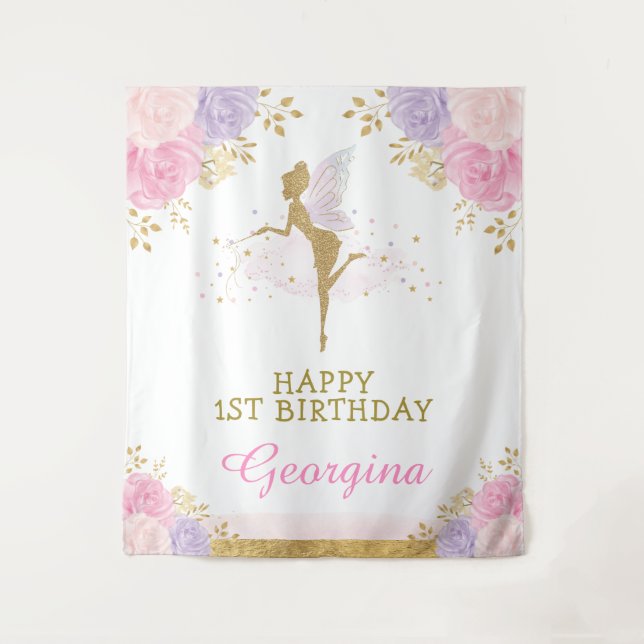 Fairy Birthday Pink Lila florales Party Hintergrun Wandteppich (Vorderseite)