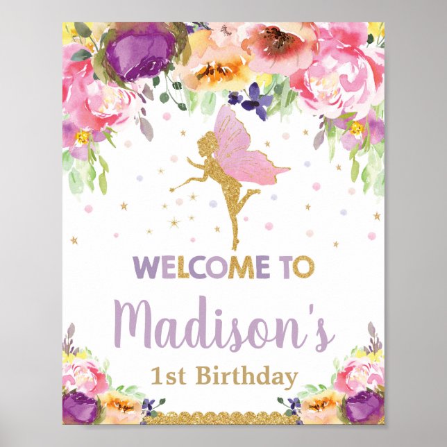 Fairy Birthday Welcome Sign Lila Blume Poster (Vorne)