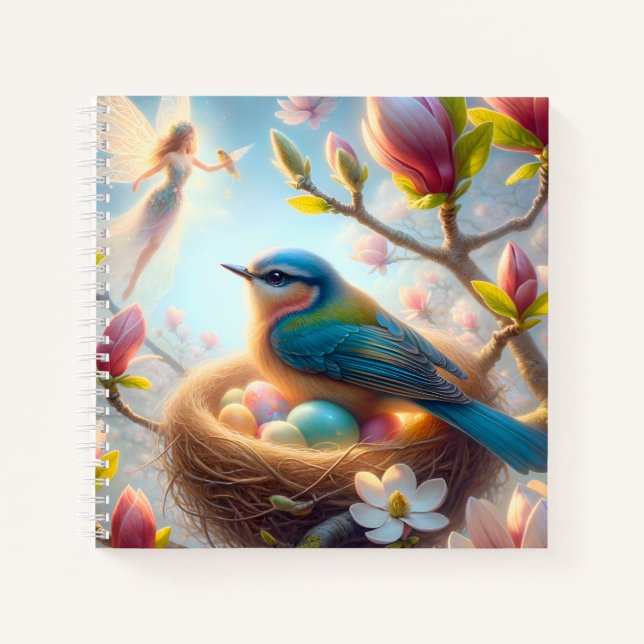Fairy & Bluebird Nest – Spring Blossom Fantasy Notizbuch (Vorderseite)