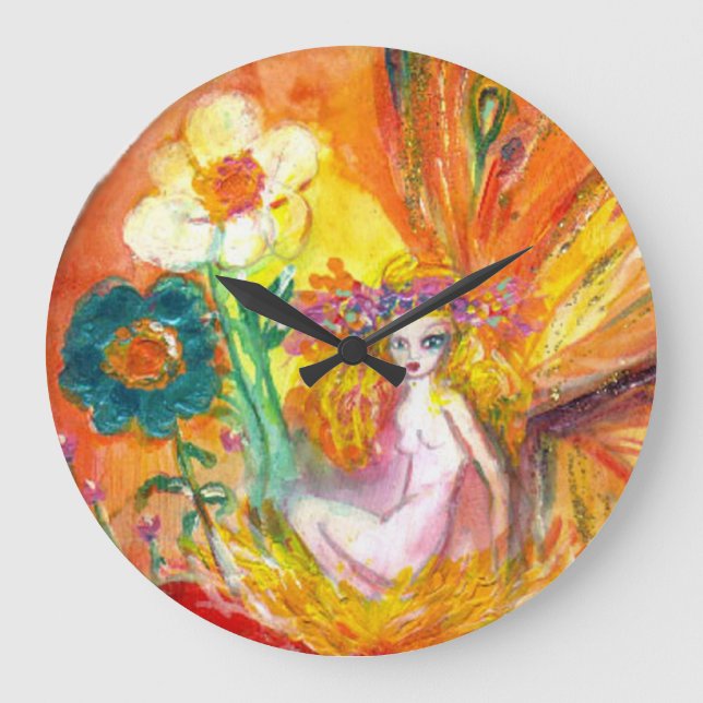 FAIRY DER BLUME Gelbe Fantasie Große Wanduhr (Vorderseite)
