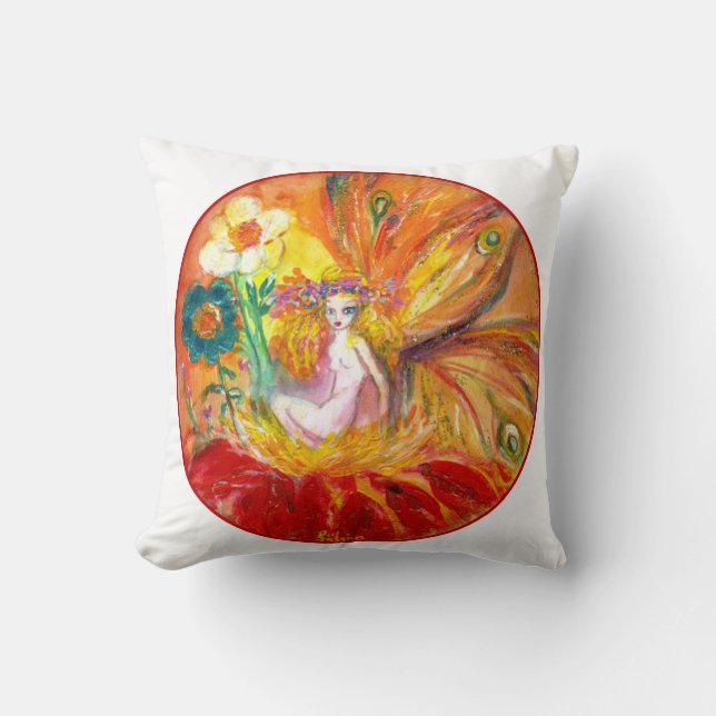FAIRY DER BLUME, rot-gelb-weiße Fantasie Kissen (Vorderseite)
