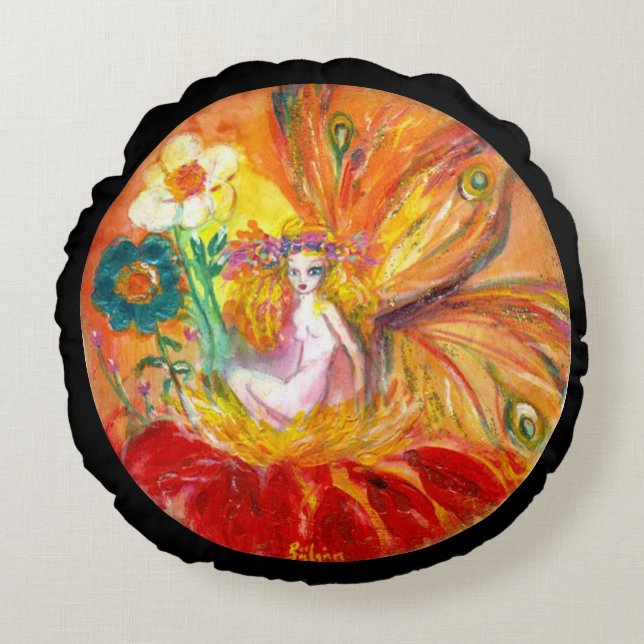 FAIRY DER BLUME, Schwarze Fantasie Rundes Kissen (Vorderseite)
