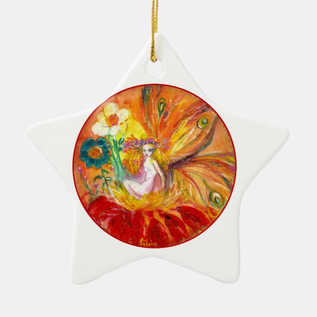 FAIRY DER BLUME Vibrant Red Ruby Star Keramik Ornament (Vorne)