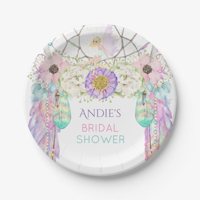 Fairy Dream Catcher Boho Feathers Crystals Pappteller (Vorderseite)