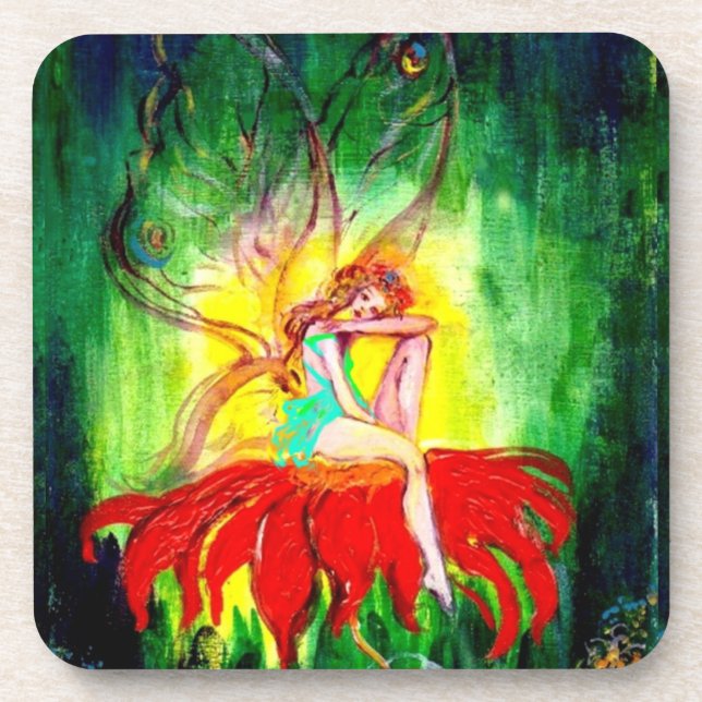 FAIRY DREAMING AUF DER ROTEN BLUME grün gelb Untersetzer (Vorderseite)