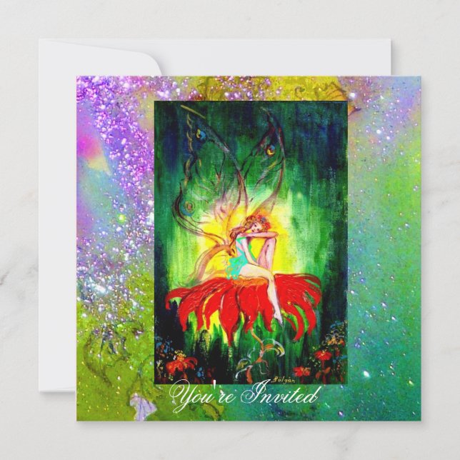 FAIRY DREAMING AUF EINER ROTEN BLUME lila gelb, gr Einladung (Vorderseite)