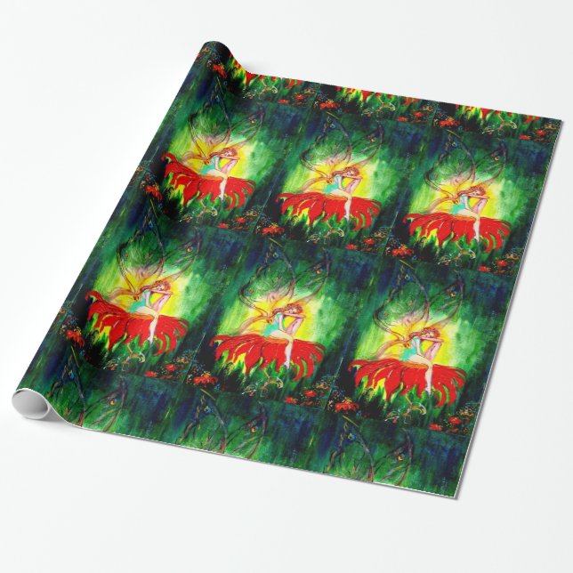 FAIRY DREAMING ON RED BLUME Green Yellow Fantasy Geschenkpapier (Ungerollt)